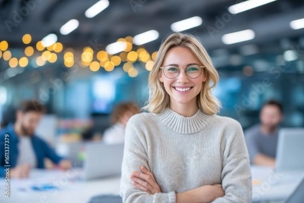 Fototapeta A confident young woman wearing glasses and a beige sweater smiles at the camera in a modern office with colleagues working in the background.
