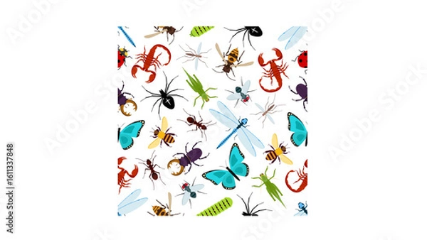 Fototapeta Vibrant insect pattern featuring colorful butterflies, spiders, ants, bees, and other bugs for nature-themed projects