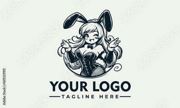 Fototapeta A cheerful cartoon woman wearing bunny ears and a corset, with arms raised in a gesture.