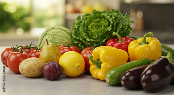 Fototapeta A vibrant assortment of fresh healthy and colorful organic vegetables and fruits arranged on a kitchen countertop for healthy eating