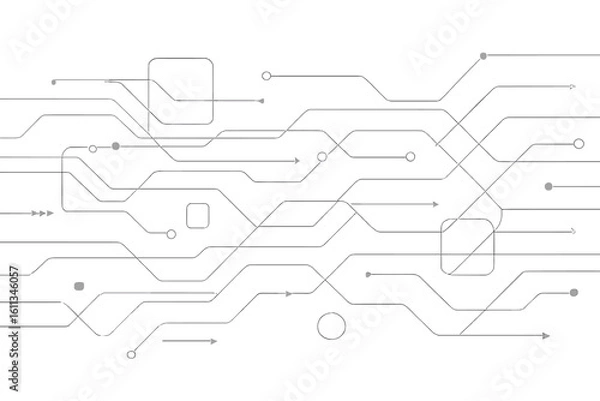 Fototapeta Futuristic circuit board network connections, abstract thin line technology pathways, minimal digital data flow arrows background, high-tech schematic wiring pattern vector illustration