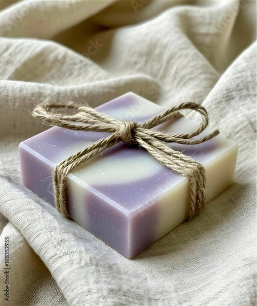 Fototapeta Lavender Soap Bar Wrapped with Jute Rope on Linen Fabric