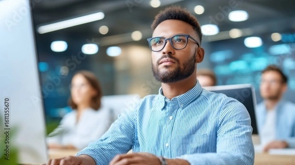 Fototapeta A focused young man with glasses works intently on a computer in a modern office, with colleagues blurred in the background.