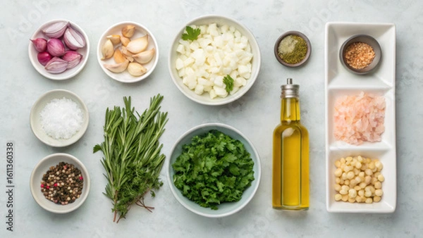 Fototapeta Clean mise en place setup featuring various fresh ingredients, including herbs, spices, and oils, arranged neatly bowls. This organized display enhances cooking experience and showcases vibrant