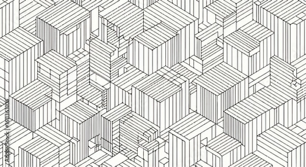 Fototapeta Abstract isometric cityscape illustration with buildings and structures, rendered in black and white line art.
