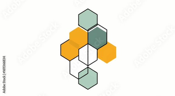 Fototapeta Abstract geometric design featuring interconnected hexagons in shades of green, yellow, and white on a plain background.
