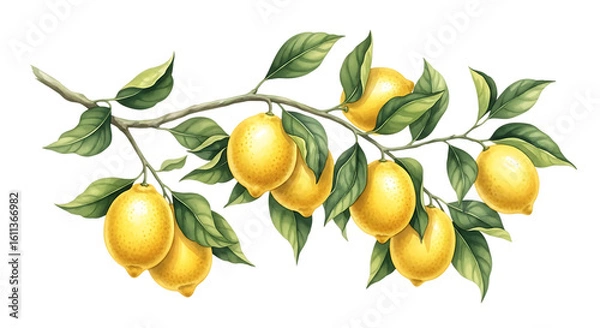 Fototapeta Beautiful watercolor painting of lemons hanging on a branch with lush green leaves Isolated on transparent background