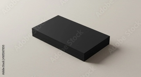 Fototapeta A stack of black rectangular cards resting on a neutral-toned surface.