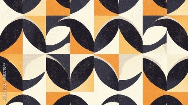 Fototapeta Abstract geometric pattern with orange, beige, and black curved shapes in a repeating grid.