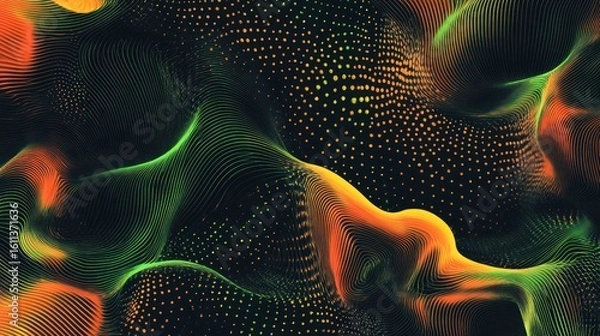 Fototapeta Abstract swirling vibrant green and orange digital wave pattern on black background.
