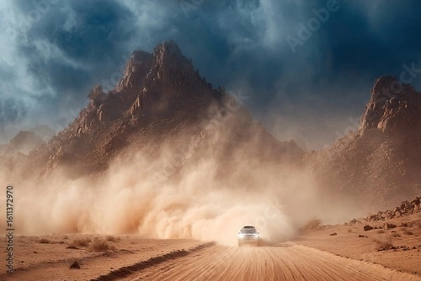 Obraz Captivating 4K Cinematic View of Car Driving through Desert Landscape