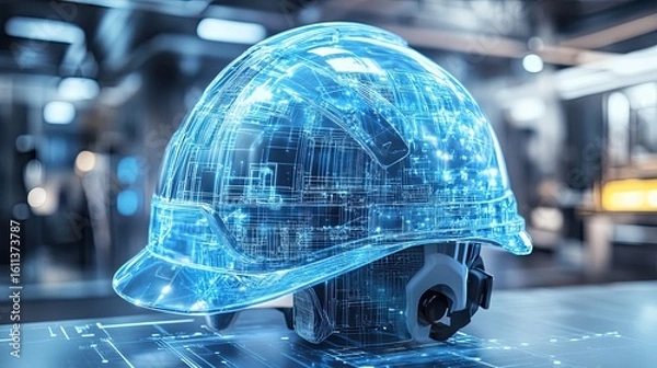 Obraz Smart construction helmets with AR blueprint overlays. 