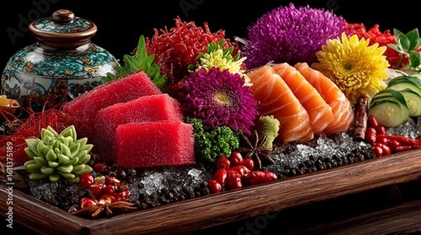 Fototapeta Luxurious Seafood Feast with Glistening Slices of Fresh Tuna
