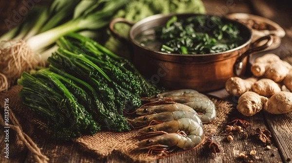 Fototapeta Fresh Simple Seafood Dish with Ingredients on Rustic Wooden Table