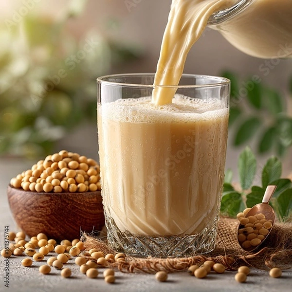 Obraz Creamy Soy Milk Poured into Glass with White Texture and Beans