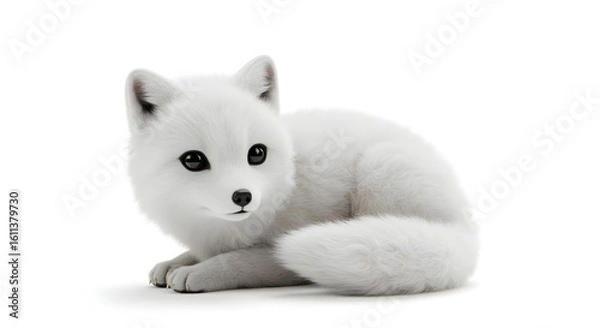 Fototapeta Pristine white arctic fox pup, a cute and fluffy innocent creature isolated on white.