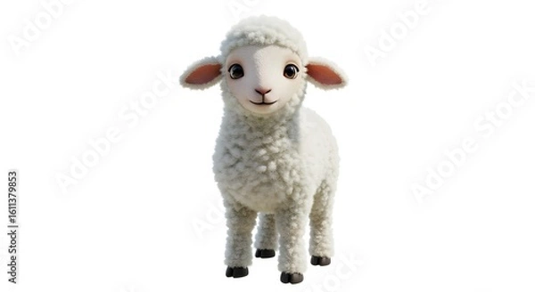 Fototapeta Adorable 3D cartoon lamb with fluffy white wool isolated on white background, perfect for children's content and educational design.
