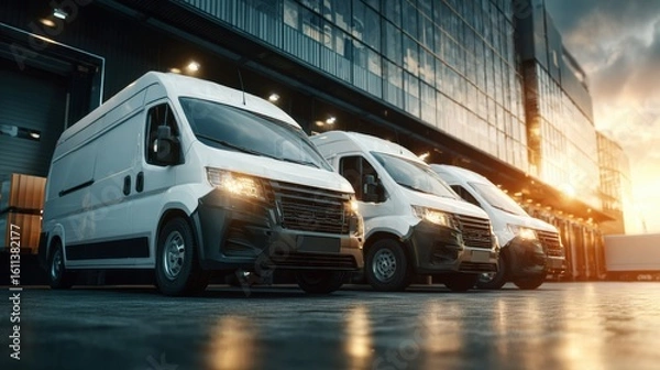 Fototapeta Two White Vans Parked in Front of a Modern Building Showcasing Urban Architecture and Everyday Life
