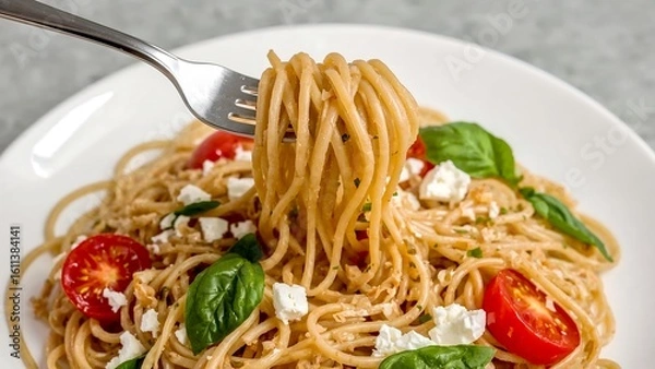 Fototapeta Forkful of Spaghetti with Cherry Tomatoes, Spinach, and Cheese in a White Plate