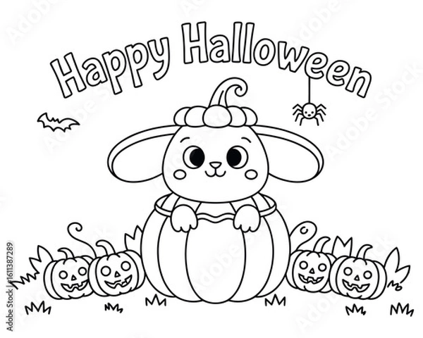 Obraz Cute halloween coloring book page for kids featuring spooky characters and objects