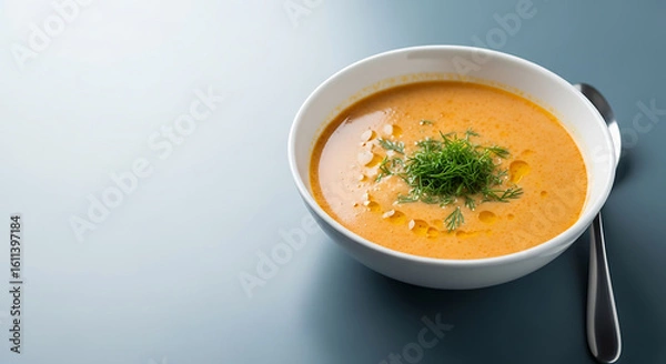 Fototapeta Orange Dill Soup in Minimalist Bowl on Light Blue Background with Spoon