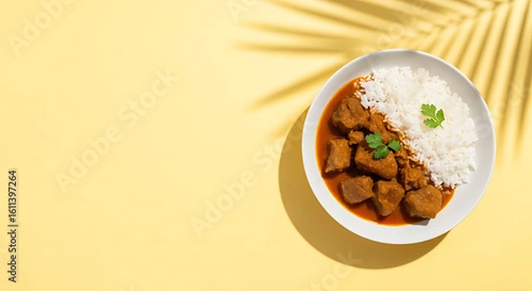 Fototapeta Vibrant Plate of Rice and Curry on Sunny Yellow Background with Tropical Shadow