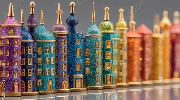Fototapeta Colorful Miniature Fairy Tale Castle Collection with Glittering Details for Decorative Display