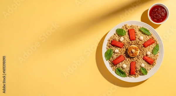Fototapeta Fresh Garden Salad with Cherry Tomatoes and Dressing on Yellow Background