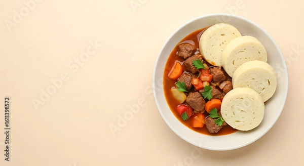 Fototapeta Homemade Vegetable Curry with Fresh Bread Rolls Served in White Bowl