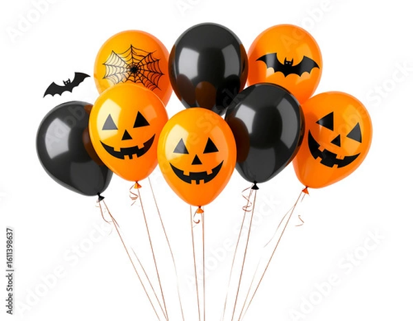 Obraz Cluster of orange and black Halloween balloons with spooky patterns, isolated on white background PNG