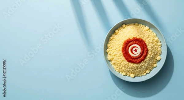 Fototapeta Creamy Yellow Couscous with Red Sauce Spiral in Blue Bowl