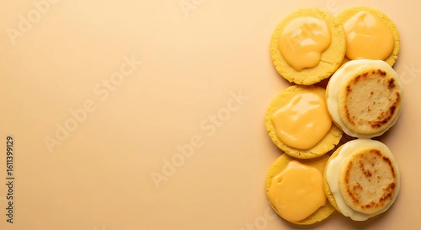 Fototapeta Soft Yellow Cookies with Cheese Topping on Neutral Background