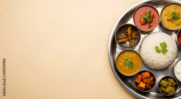 Fototapeta Traditional Indian Thali Platter with Rice and Assorted Curries