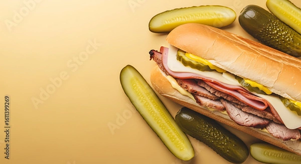 Fototapeta Submarine Sandwich with Deli Meats Cheese and Pickles on Gold Background