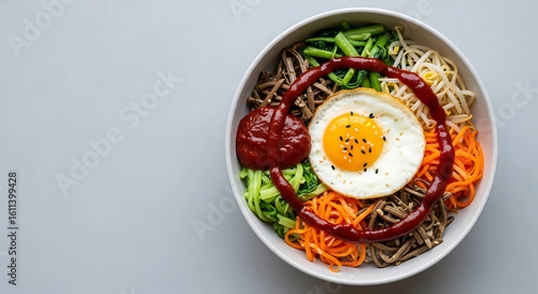 Fototapeta Vibrant Bibimbap Bowl with Fried Egg Vegetables and Gochujang Sauce