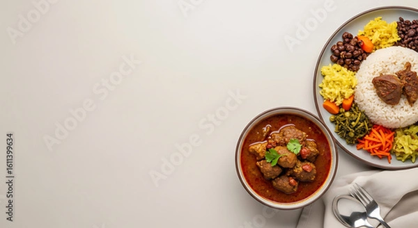 Fototapeta Hearty Stew Bowl and Colorful Plated Rice Dish on White Background