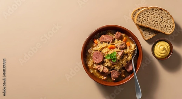 Fototapeta Hearty Stew with Bread Slices and Mustard on Light Background