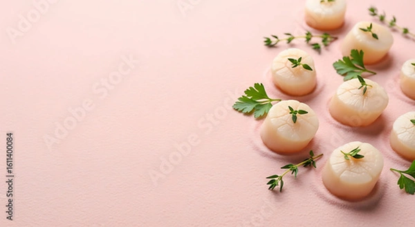 Fototapeta Minimalist Dessert Arrangement with Elegant Garnishes on Light Pink Background
