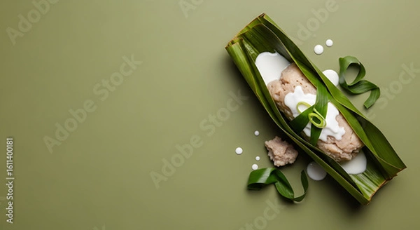 Fototapeta Traditional Japanese Osechi in Banana Leaf with Coconut Cream on Green Background