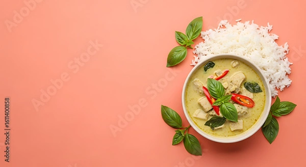Fototapeta Thai Green Curry with Tofu Red Chili Basil and Jasmine Rice on Coral Background