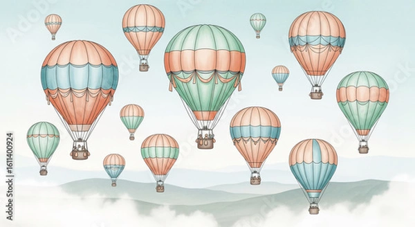 Fototapeta Pastel-colored hot air balloons float above a misty landscape, creating a serene and whimsical scene, symbolizing adventure, freedom, and lightheartedness