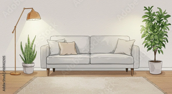 Fototapeta ホワイト　リビングルームの水彩画