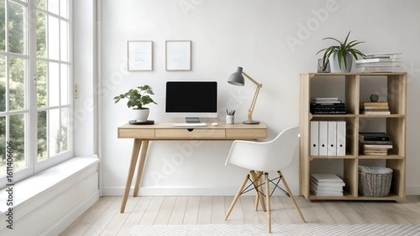 Obraz A bright home office features a simple wooden desk, modern white chair, computer monitor, and organized shelves, lit by a large window.