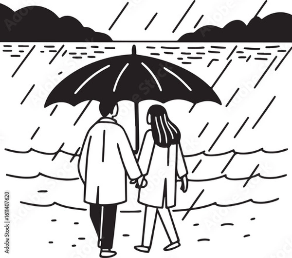 Obraz People under umbrellas in the rain: a diverse illustration of protection, love, and business concepts