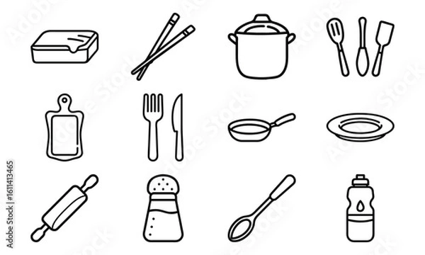 Fototapeta Kitchen Tools and Utensils Line Icon Set – Outline Illustrations of Butter Dish, Chopsticks, Cooking Pot, Cutlery, Frying Pan, Plate, Rolling Pin, Salt Shaker, and Kitchenware Essentials