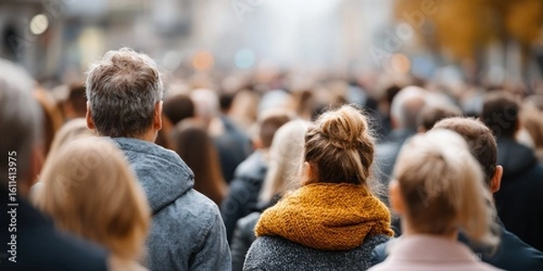 Fototapeta Low Angle Street View Busy Crowd Behind, Focusing Indistinct Heads Textured Hair, Man Jacket, People Tops, Showcasing Shallow Depth Field