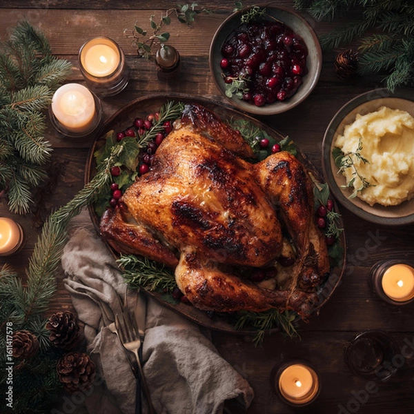 Fototapeta Festive Holiday Dinner with Roasted Turkey, Mashed Potatoes, Cranberry Sauce and Christmas Decor on Rustic Table
