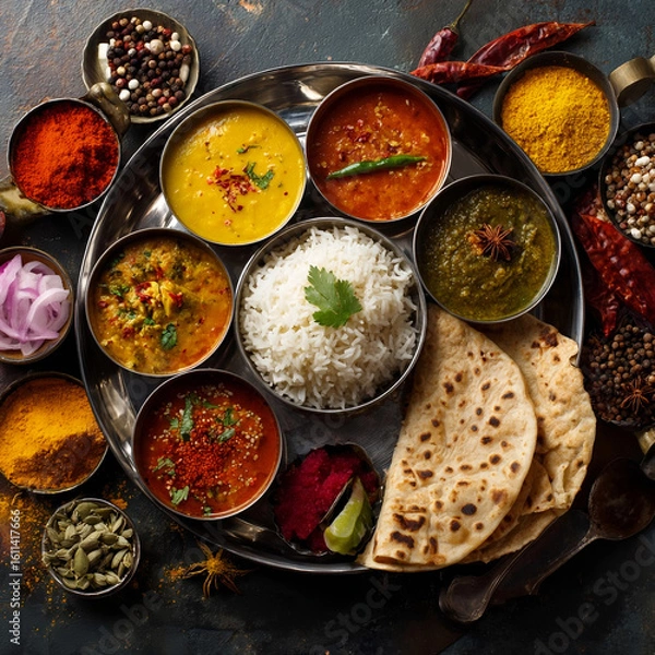 Fototapeta Traditional Indian Thali with Rice, Curries, Lentils, Spices, and Naan Bread on Dark Rustic Background
