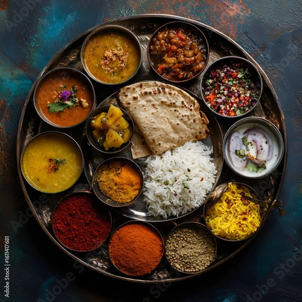 Fototapeta Traditional Indian Thali with Rice, Curries, Lentils, Spices, and Naan Bread on Dark Rustic Background
