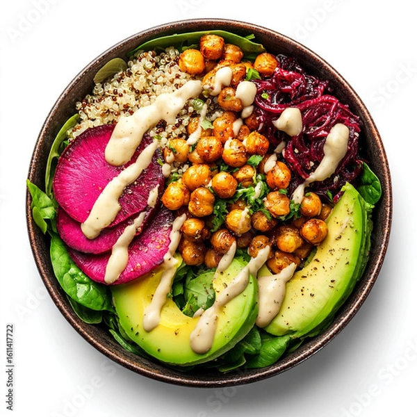 Fototapeta Healthy Vegan Buddha Bowl with Quinoa, Chickpeas, Avocado, Beets, Spinach, and Tahini Dressing on Dark Background
